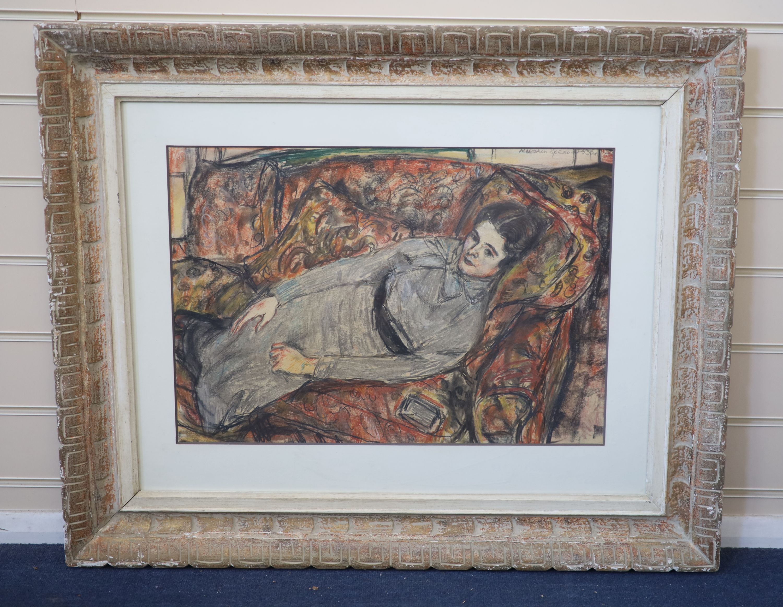 After Ruskin Spear (1911-1990), Woman reclining on a settee, Pastel and pencil, 37 x 54cm.